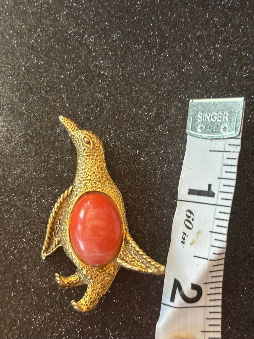 Estate Gold Penguin Brooch Coral Red jelly belly